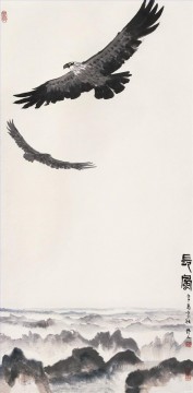 呉作仁 Painting - 山の古い中国の墨の上の呉祖人ワシ